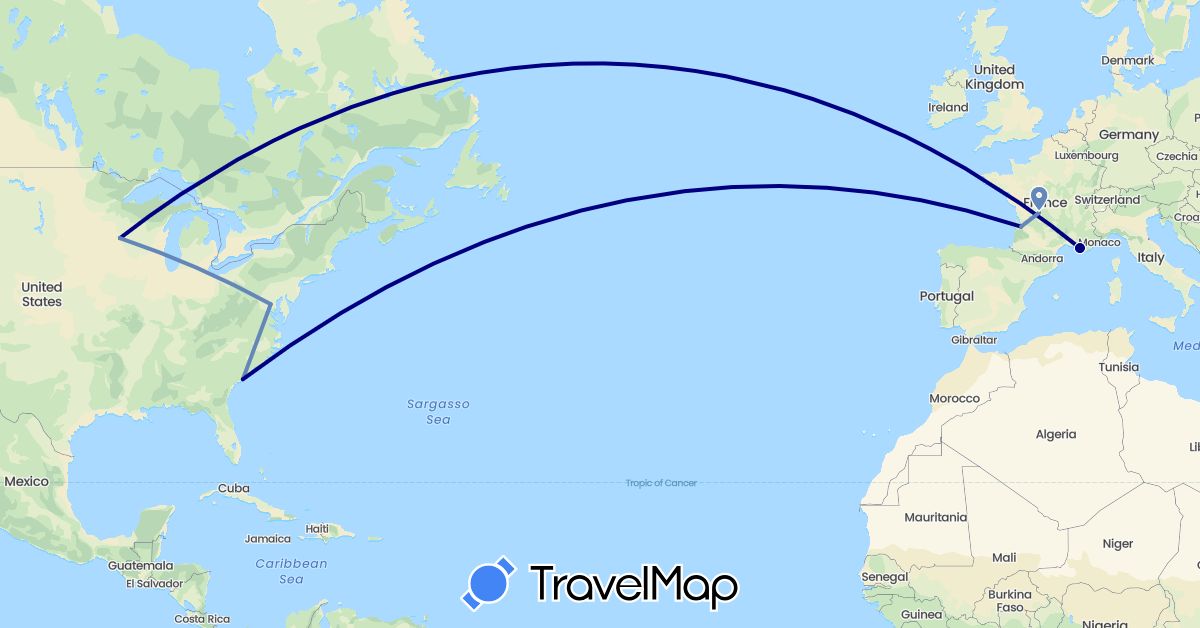 TravelMap itinerary: driving, cycling in France, United States (Europe, North America)